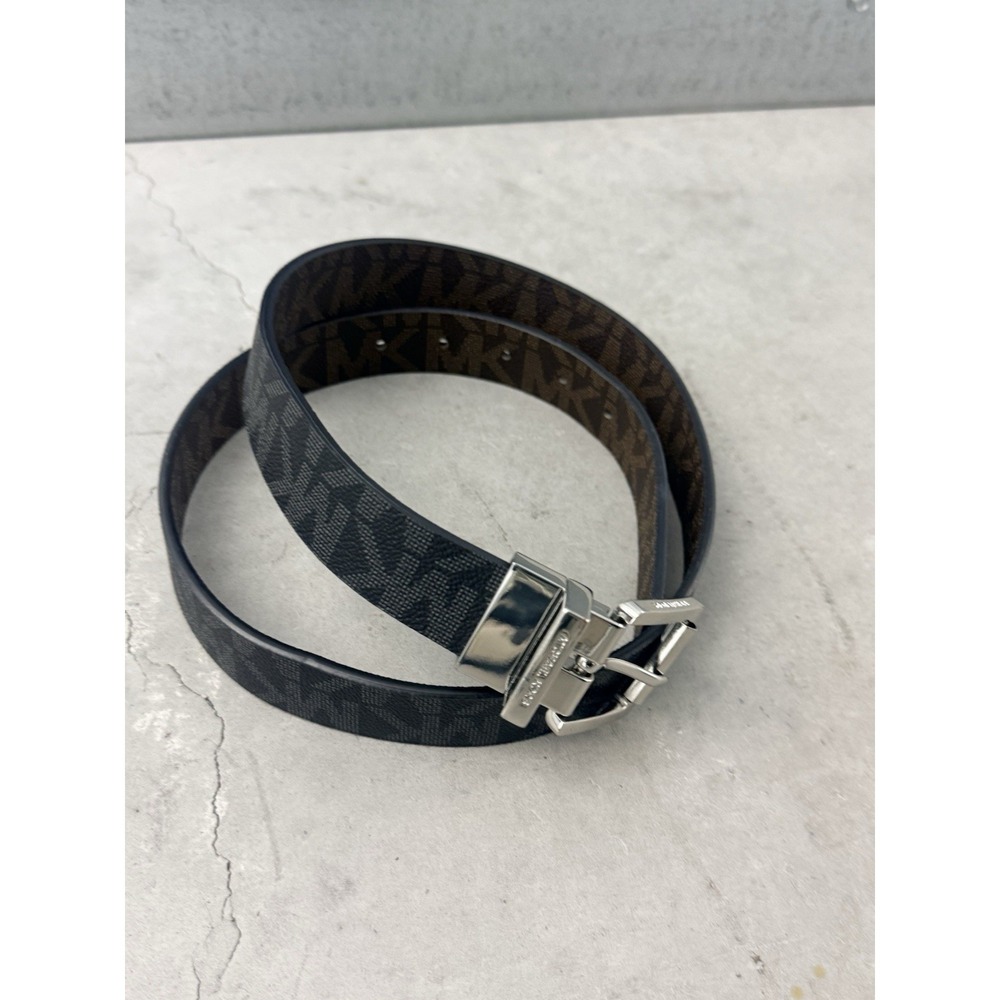 Michael Kors Reversible Belt Signature Logo Brown Black Silver Buckle Men M/L